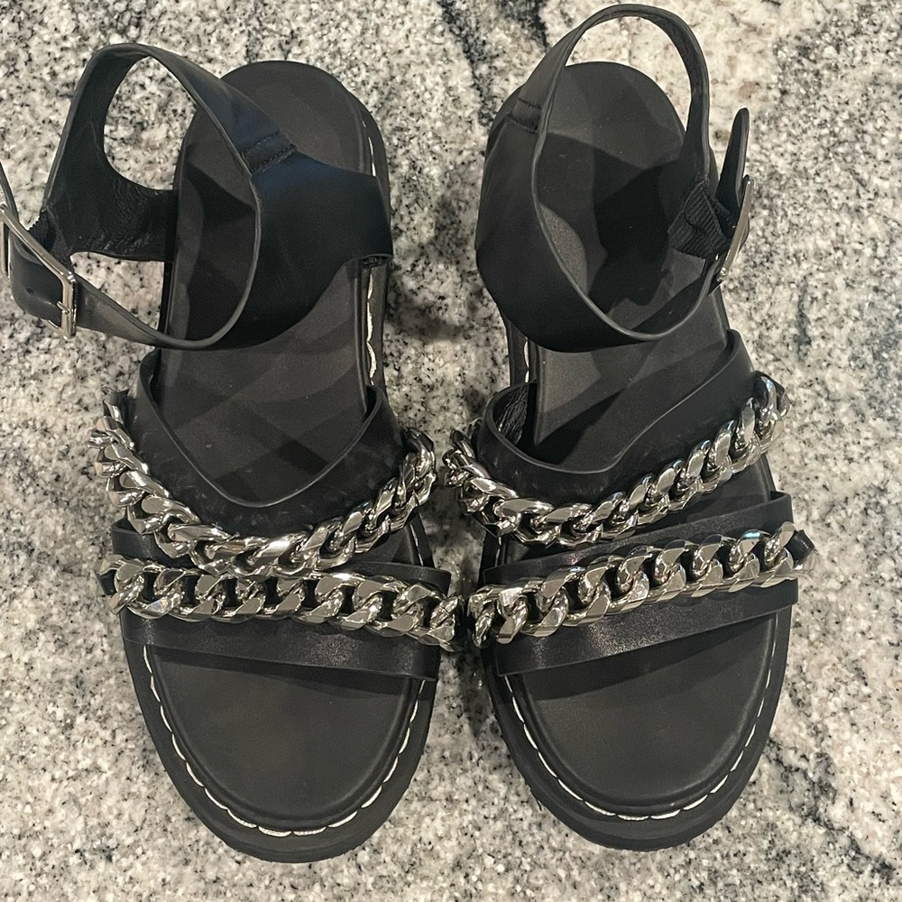 Black faux leather rocker chick sandals with silver chain
